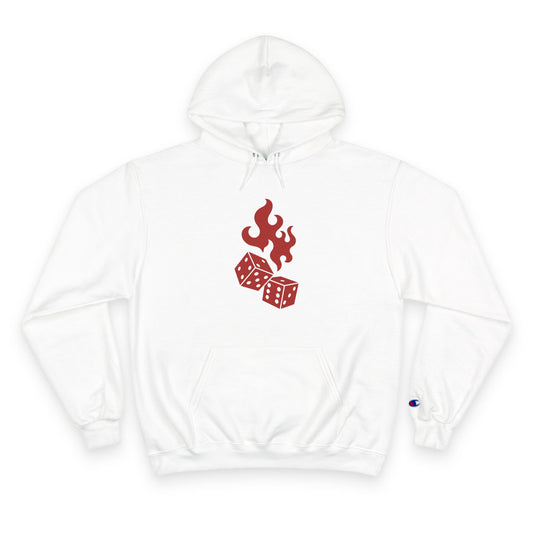 Champion Hoodie - Dice & Flame Design with 'Time and Chance Happens to Them All'