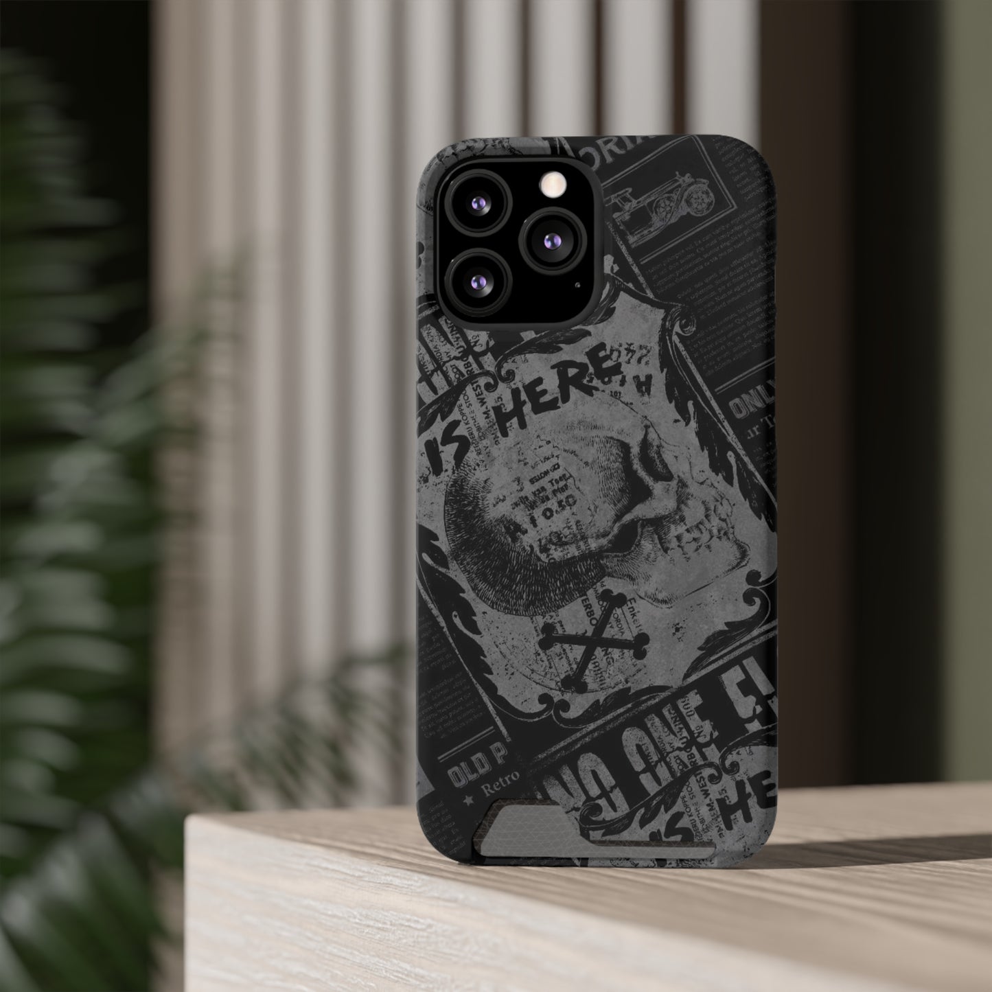 Edgy Skull Phone Case with Card Holder - Stylish Black Design for Trendsetters