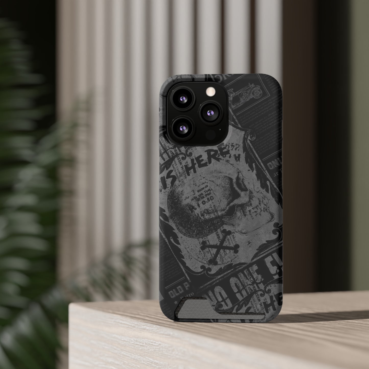 Edgy Skull Phone Case with Card Holder - Stylish Black Design for Trendsetters