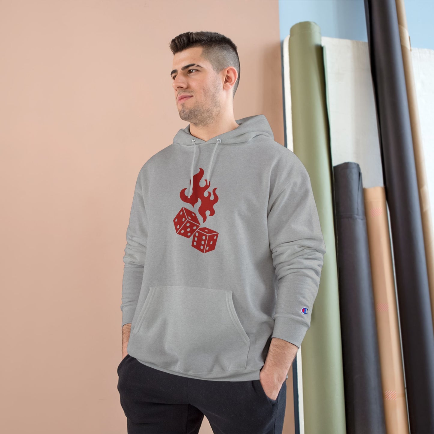 Champion Hoodie - Dice & Flame Design with 'Time and Chance Happens to Them All'