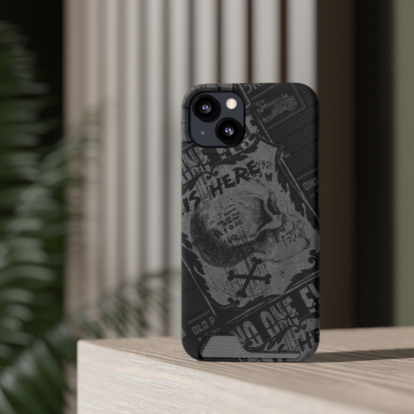 Edgy Skull Phone Case with Card Holder - Stylish Black Design for Trendsetters