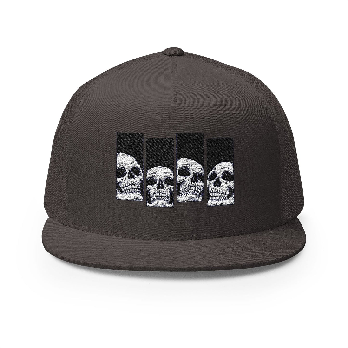 Skull Graphic 5 Panel Trucker Cap - Edgy Embroidered Hat for Everyday Wear