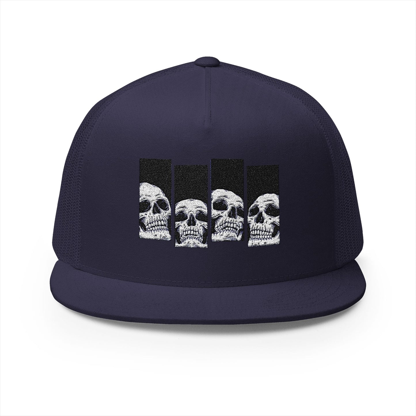 Skull Graphic 5 Panel Trucker Cap - Edgy Embroidered Hat for Everyday Wear