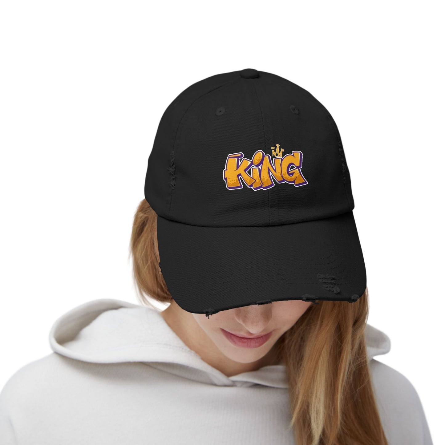 Unisex Distressed Cap - "King" Graphic Hat for Bold Statements