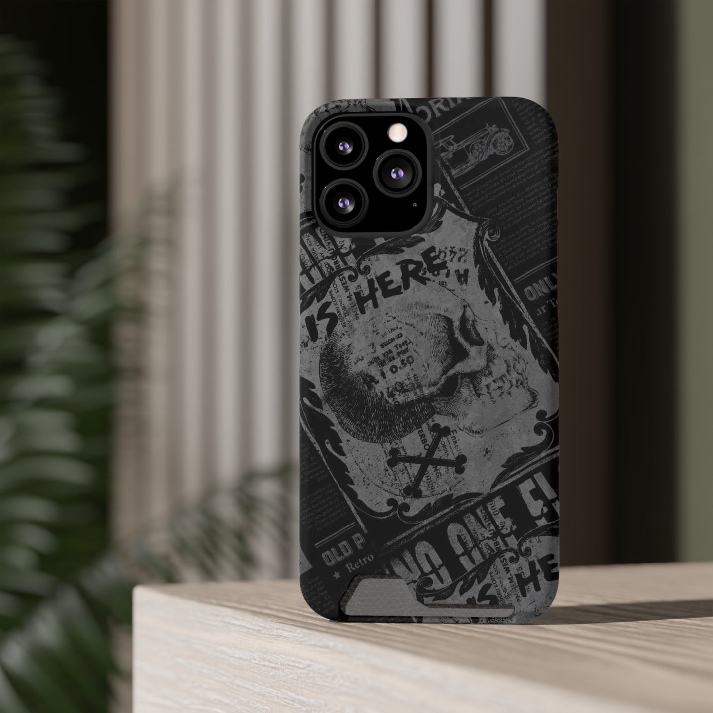 Edgy Skull Phone Case with Card Holder - Stylish Black Design for Trendsetters