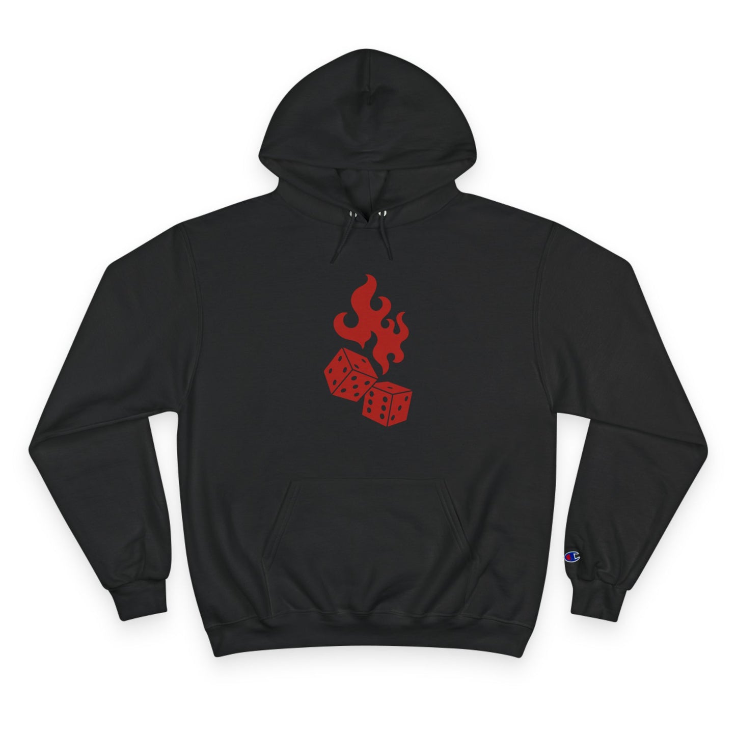 Champion Hoodie - Dice & Flame Design with 'Time and Chance Happens to Them All'