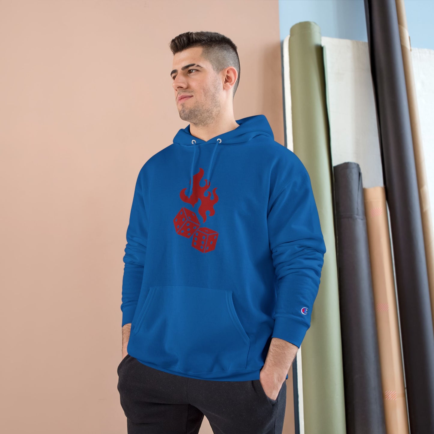 Champion Hoodie - Dice & Flame Design with 'Time and Chance Happens to Them All'